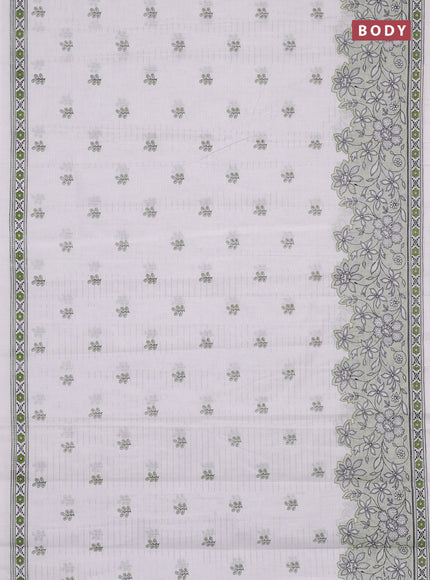 Chirala cotton saree off white and green with allover silver zari stripe & butta prints and long printed border