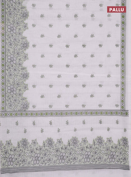 Chirala cotton saree off white and green with allover silver zari stripe & butta prints and long printed border