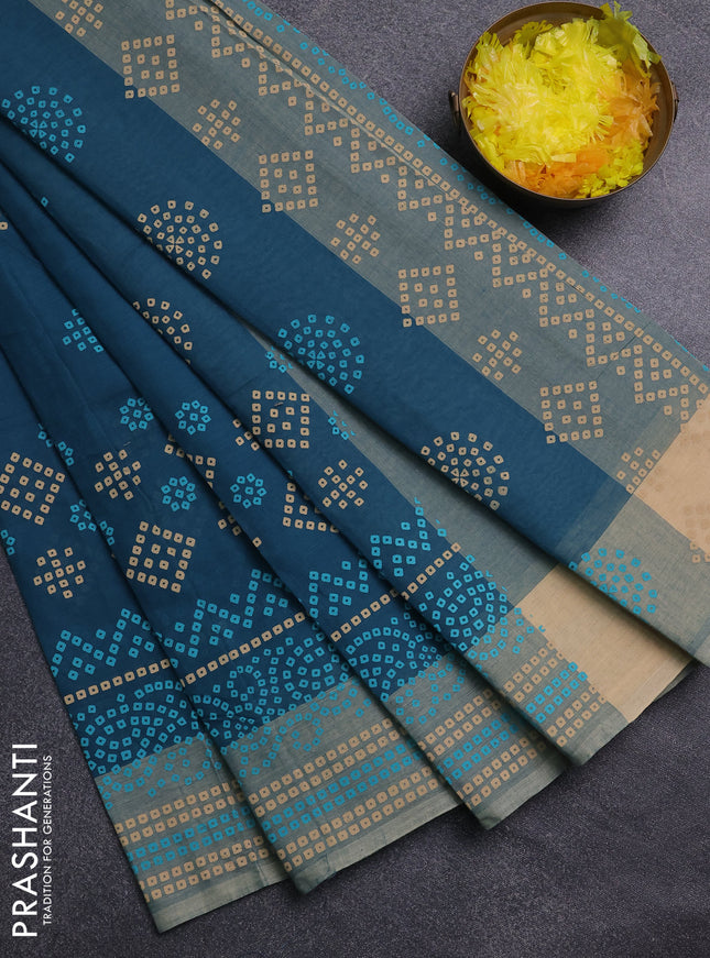 Chirala cotton saree peacock green and sandal with allover bandhani butta prints and printed border