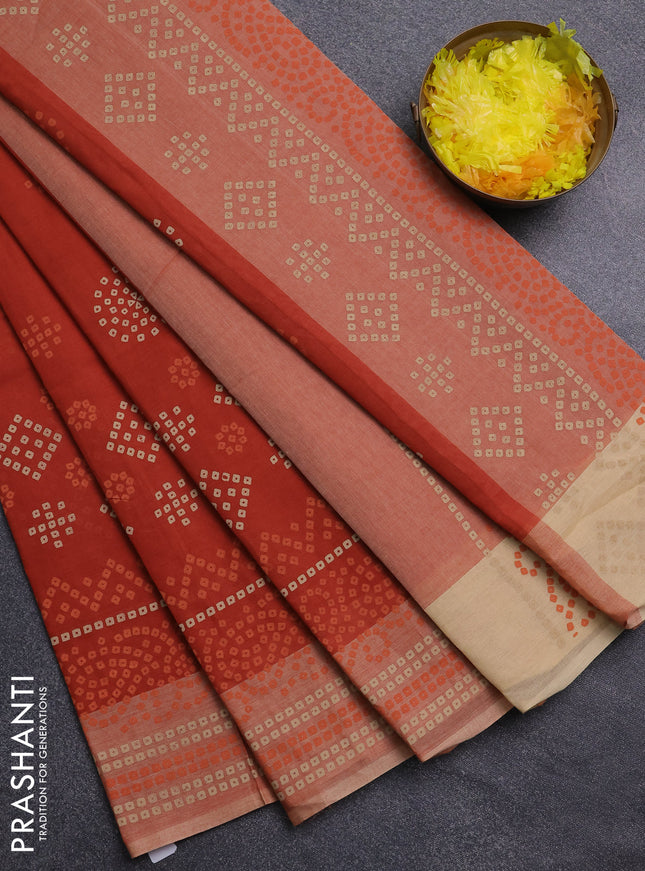 Chirala cotton saree rustic orange and sandal with allover bandhani butta prints and printed border