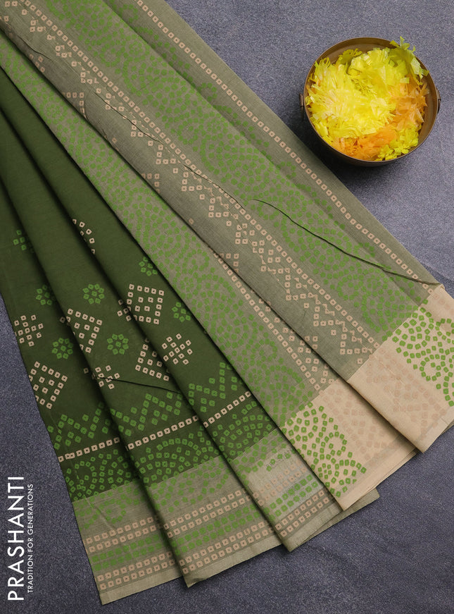 Chirala cotton saree green and sandal with allover bandhani prints and printed border