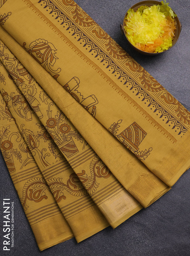 Chirala cotton saree yellow with allover kalamkari prints and printed zari border