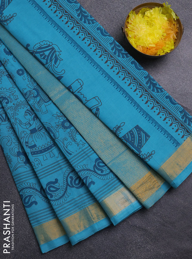 Chirala cotton saree teal blue with allover kalamkari prints and printed zari border