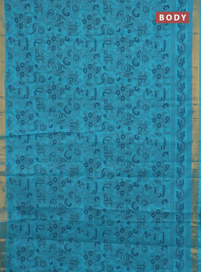 Chirala cotton saree teal blue with allover kalamkari prints and printed zari border