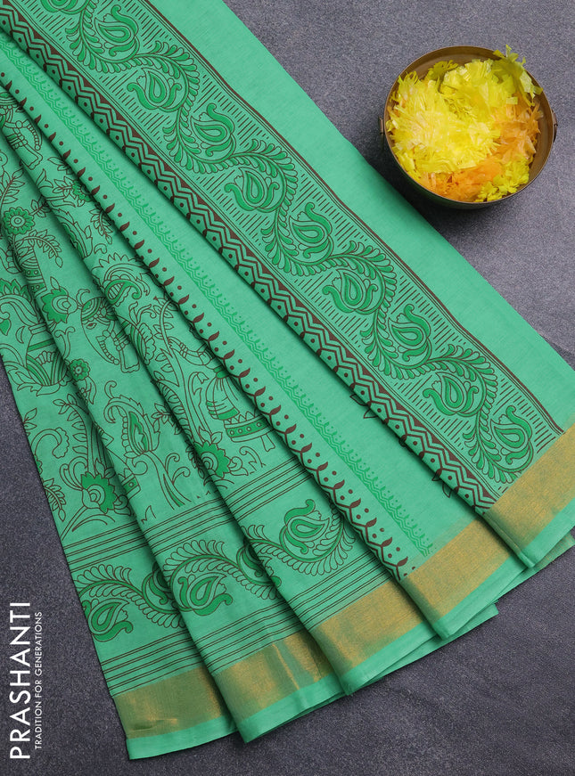 Chirala cotton saree teal green with allover kalamkari prints and printed zari border