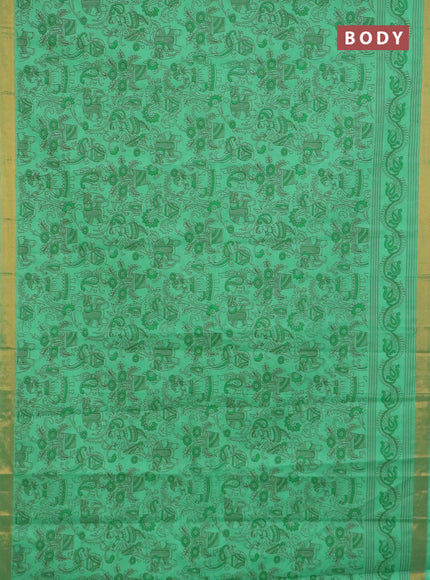 Chirala cotton saree teal green with allover kalamkari prints and printed zari border