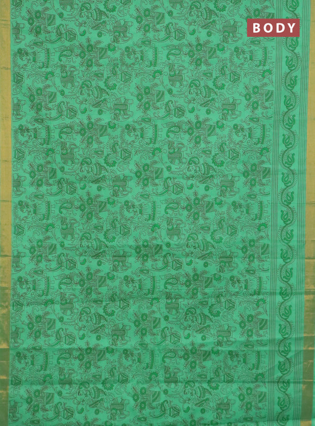 Chirala cotton saree teal green with allover kalamkari prints and printed zari border
