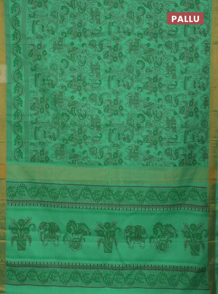 Chirala cotton saree teal green with allover kalamkari prints and printed zari border