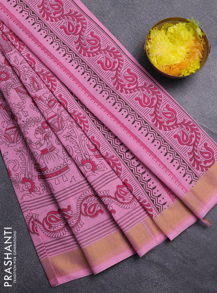 Chirala cotton saree light pink with allover kalamkari prints and printed zari border
