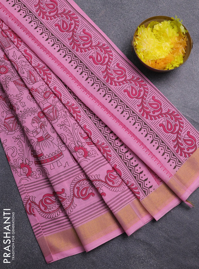 Chirala cotton saree light pink with allover kalamkari prints and printed zari border