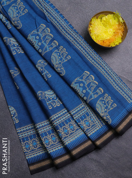 Chirala cotton saree cs blue and black with elephant butta prints and printed woven border