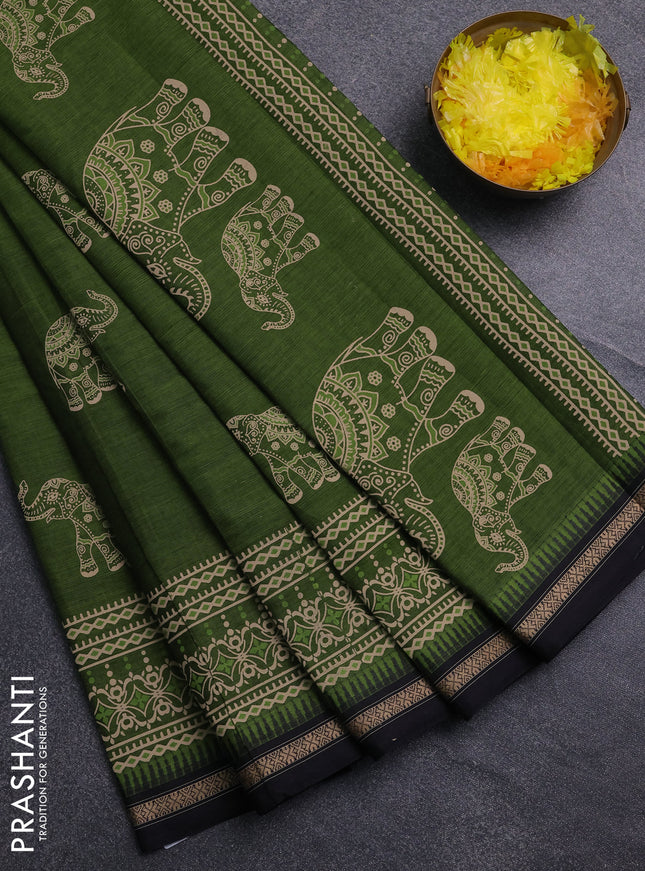 Chirala cotton saree mehendi green and black with elephant butta prints and printed woven border