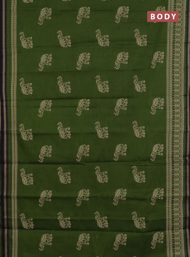 Chirala cotton saree mehendi green and black with elephant butta prints and printed woven border