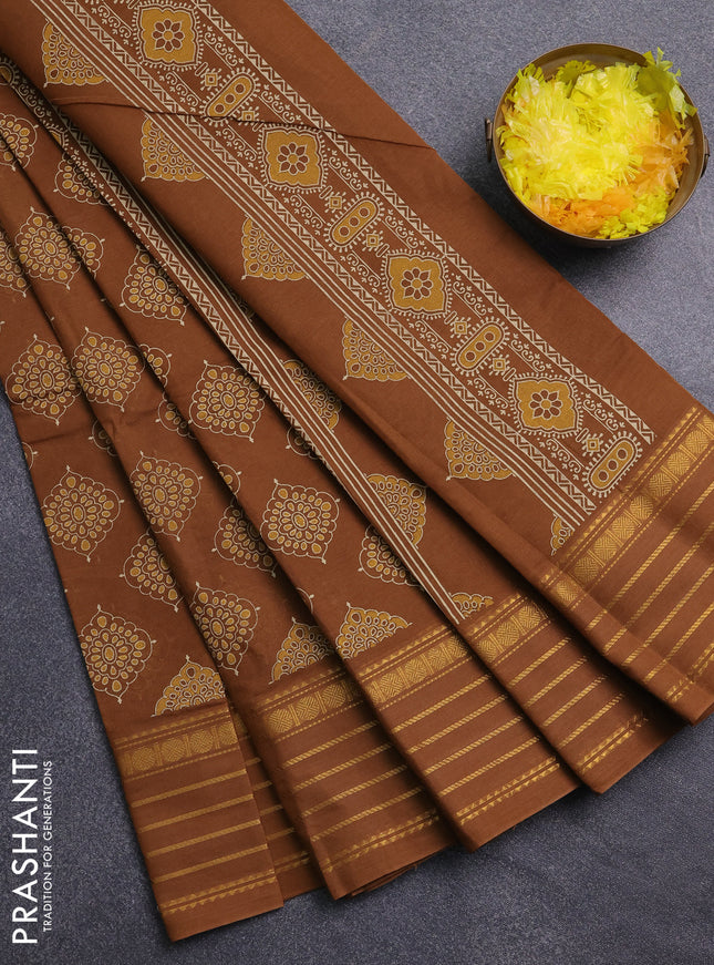 Chirala cotton saree dark mustard with allover butta prints and zari woven border