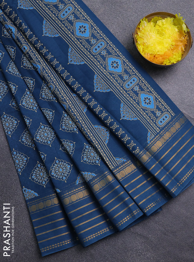 Chirala cotton saree peacock blue with allover butta prints and zari woven border