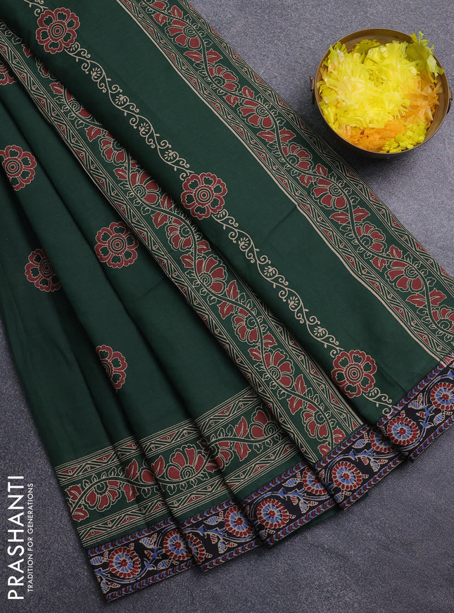Chirala cotton saree bottle green with butta prints and printed zari border
