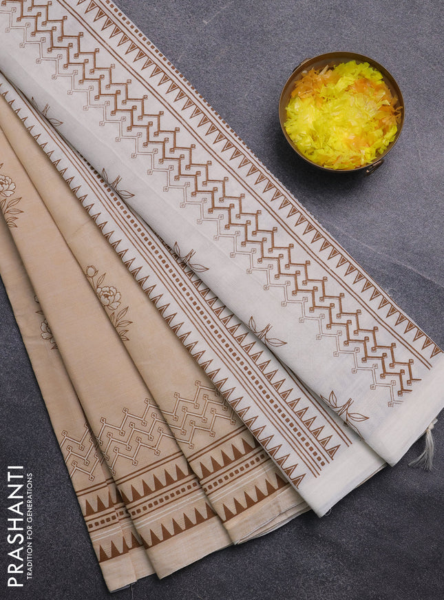 Chirala cotton saree sandal with allover self emboss & butta prints and printed zari border