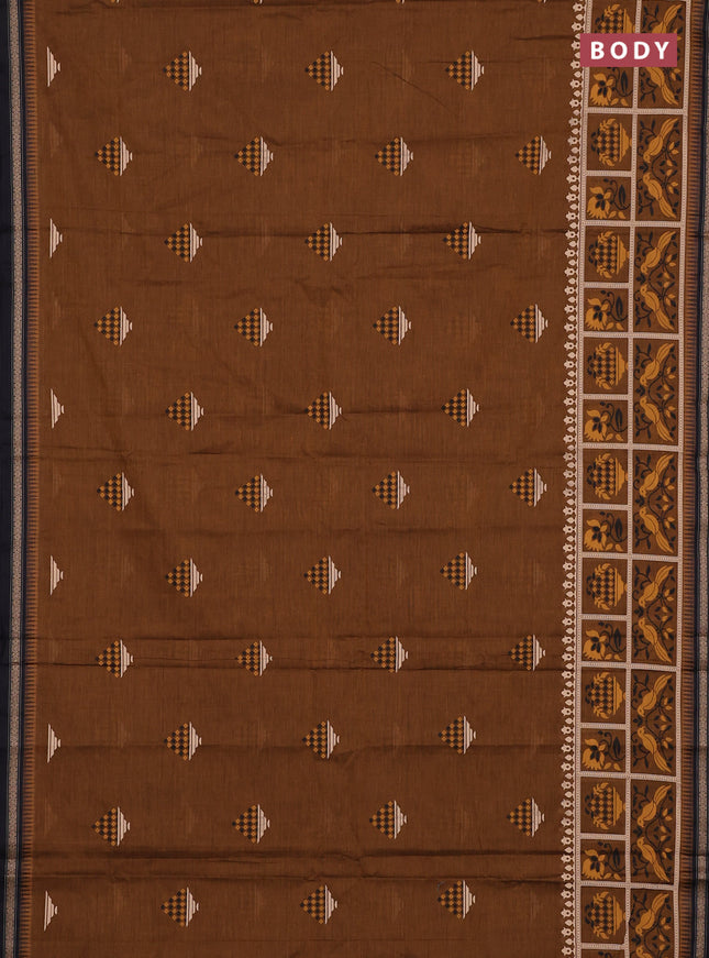 Chirala cotton saree dark mustard and black with butta prints and long printed border