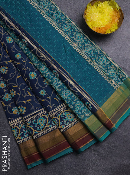 Chirala cotton saree peacock blue and multi colour with allover prints and printed zari border