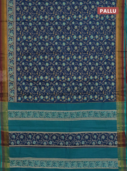 Chirala cotton saree peacock blue and multi colour with allover prints and printed zari border