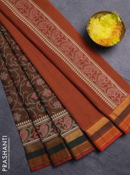 Chirala cotton saree brown and rustic orange with allover prints and printed zari border