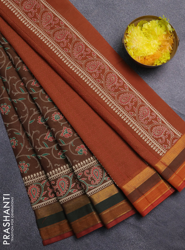 Chirala cotton saree brown and rustic orange with allover prints and printed zari border
