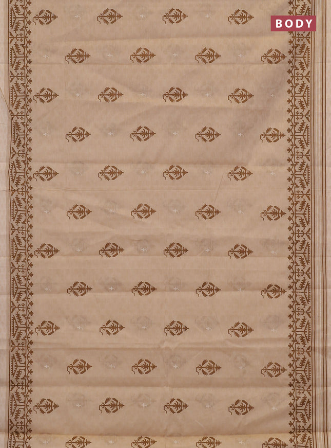 Chirala cotton saree sandal and cream with allover self emboss & butta prints and printed zari border