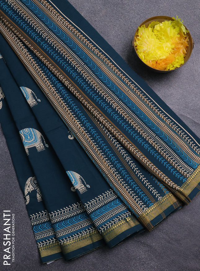 Chirala cotton saree peacock green with elephant butta prints and printed zari border