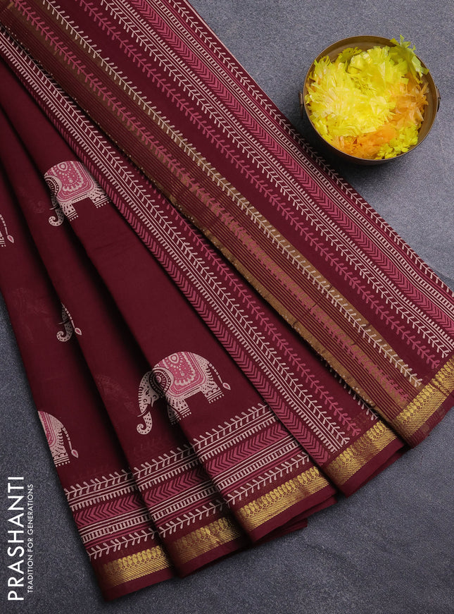 Chirala cotton saree maroon with elephant butta prints and printed zari border