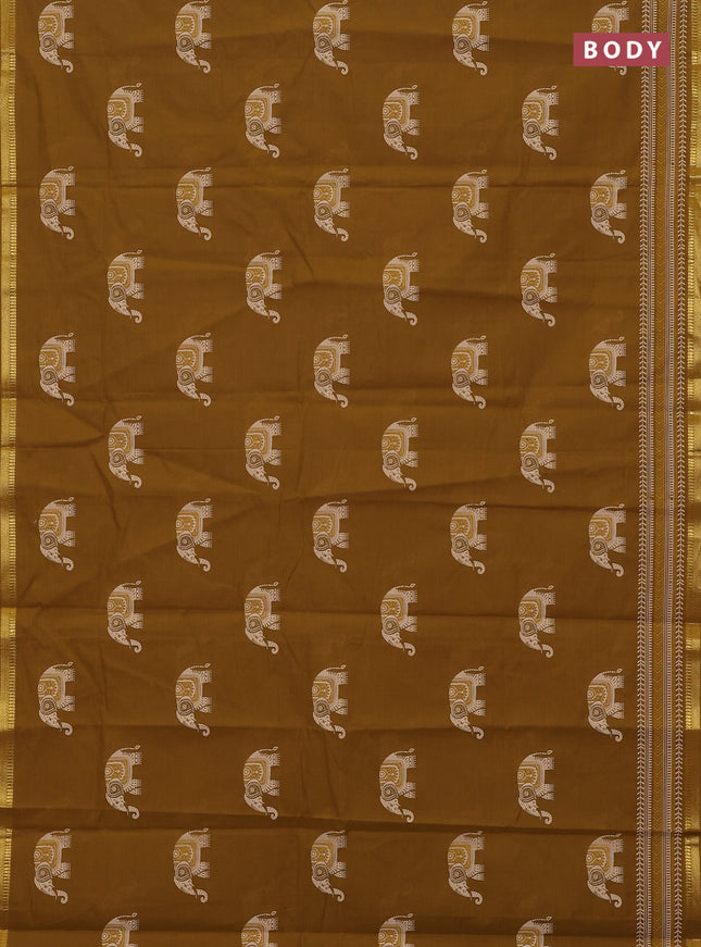 Chirala cotton saree dark mustard with elephant butta prints and printed zari border
