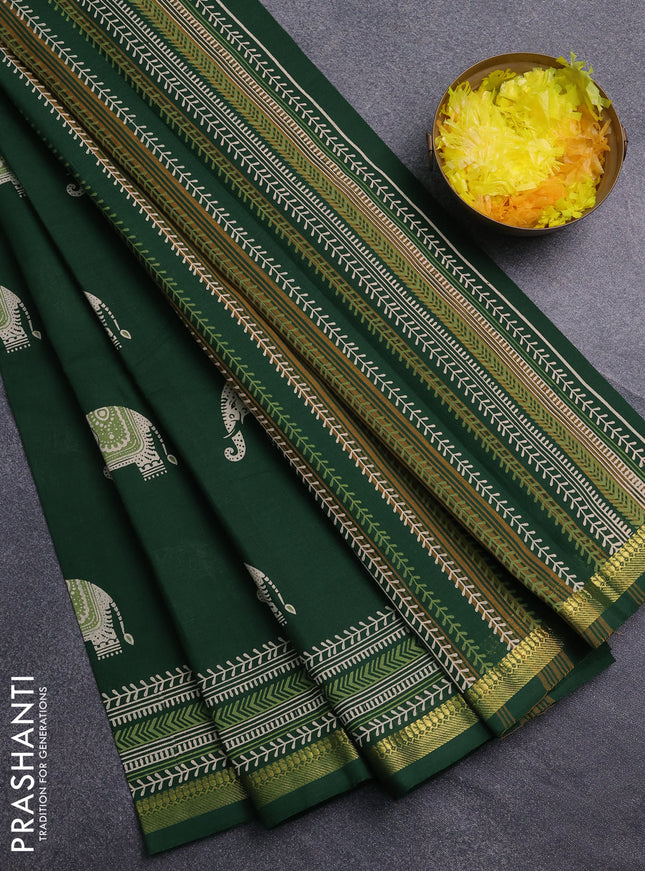 Chirala cotton saree green with elephant butta prints and printed zari border