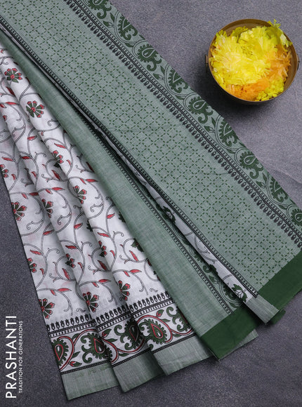 Chirala cotton saree off white and green with allover prints and printed border