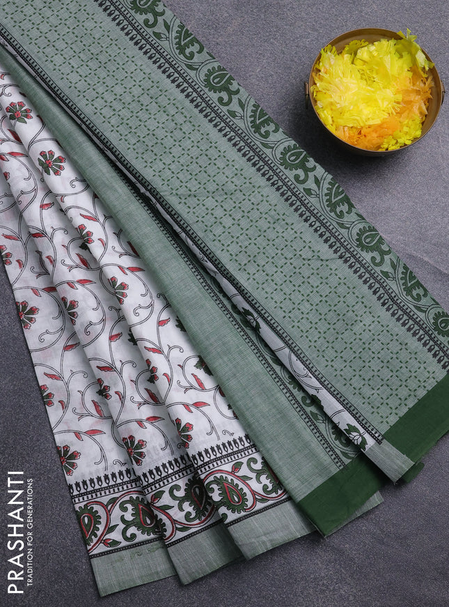 Chirala cotton saree off white and green with allover prints and printed border