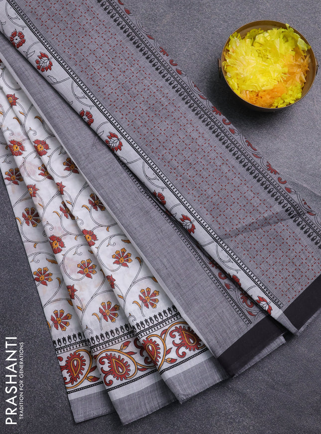Chirala cotton saree off white and black grey with allover prints and printed border
