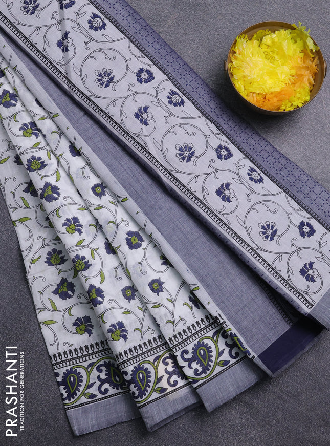 Chirala cotton saree off white and blue grey with allover prints and printed border