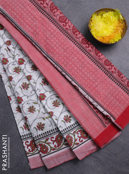 Chirala cotton saree off white and red with allover prints and printed border