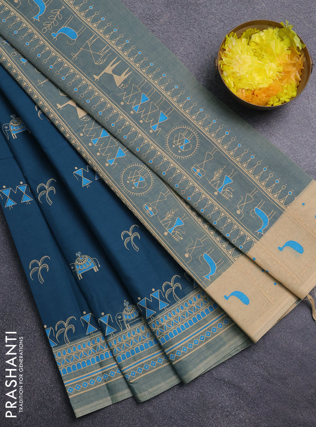Chirala cotton saree peacock green and sandal with warli butta prints and printed border