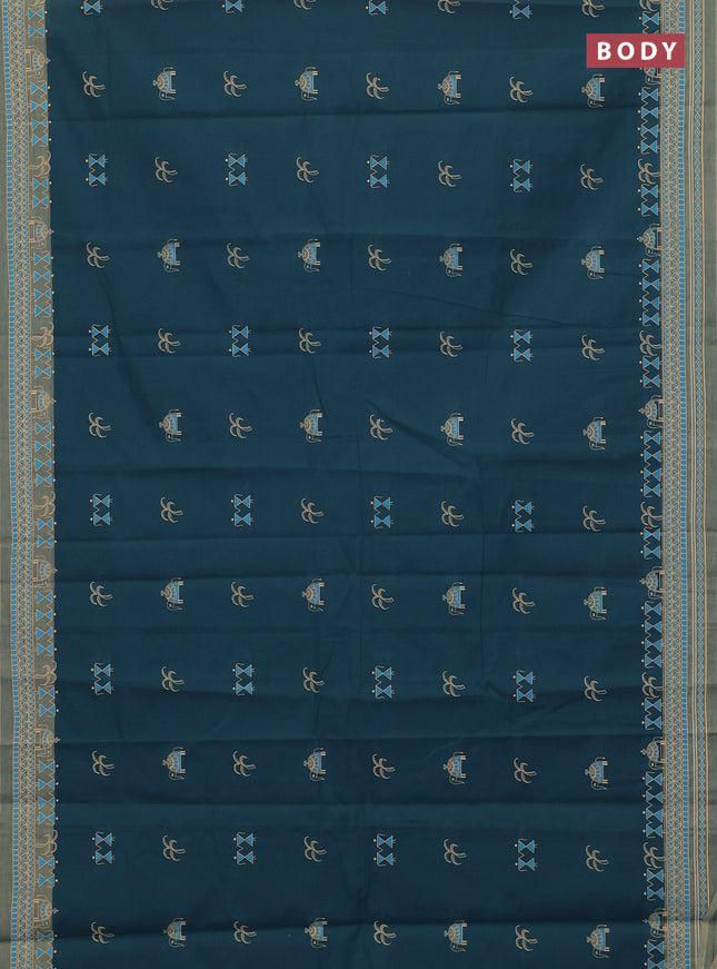Chirala cotton saree peacock green and sandal with warli butta prints and printed border