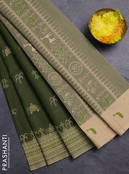 Chirala cotton saree mehendi green and sandal with warli butta prints and printed border
