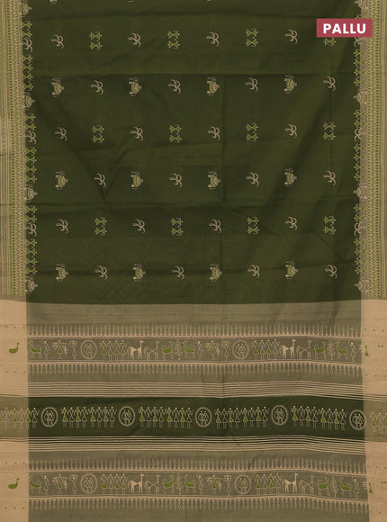 Chirala cotton saree mehendi green and sandal with warli butta prints and printed border