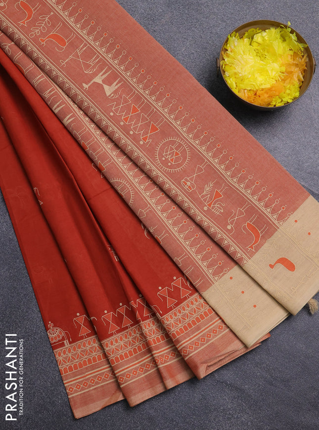 Chirala cotton saree rustic orange and sandal with warli butta prints and printed border