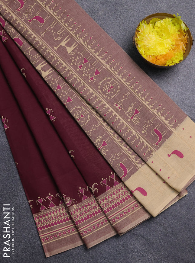 Chirala cotton saree maroon and sandal with warli butta prints and printed border