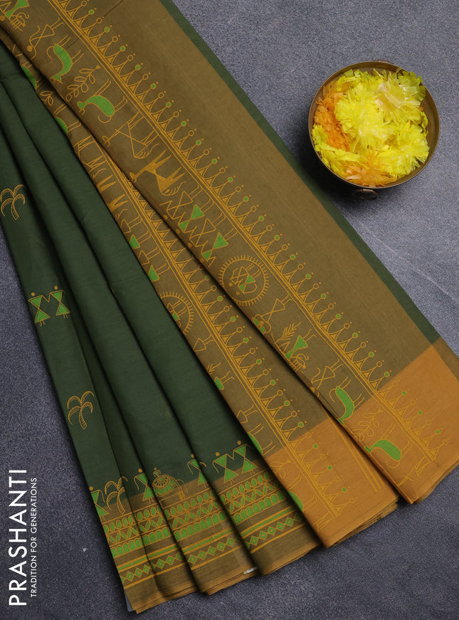 Chirala cotton saree mehendi green and dark mustard with warli butta prints and printed border