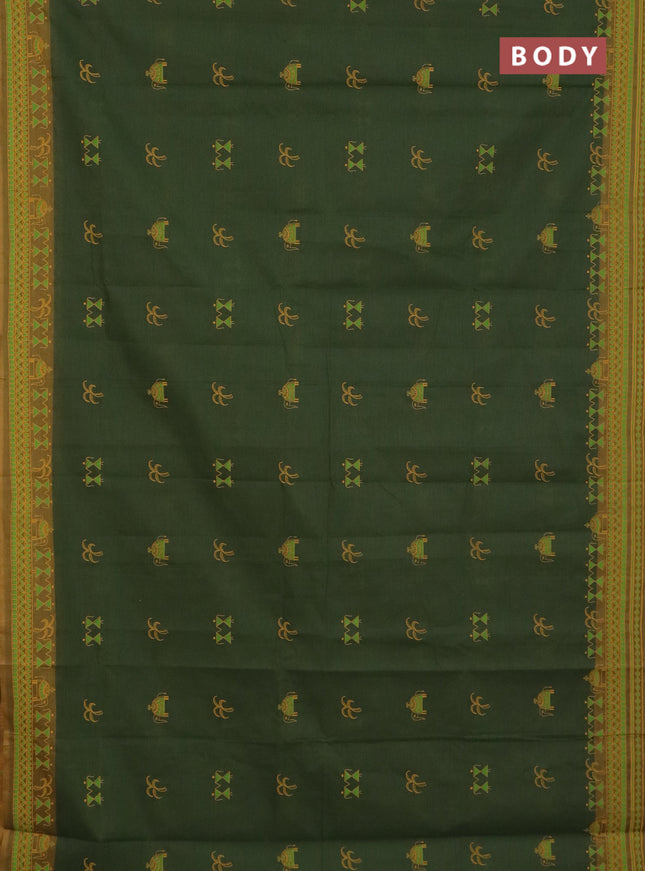 Chirala cotton saree mehendi green and dark mustard with warli butta prints and printed border