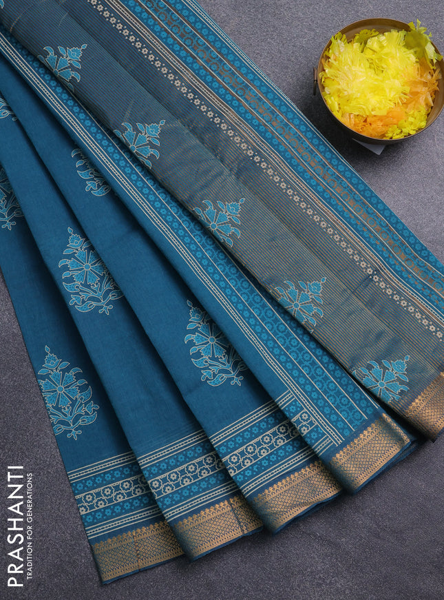 Chirala cotton saree peacock green with butta prints and printed zari border