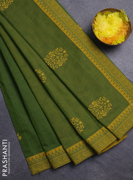 Chirala cotton saree green and mustard yellow with butta prints and printed border