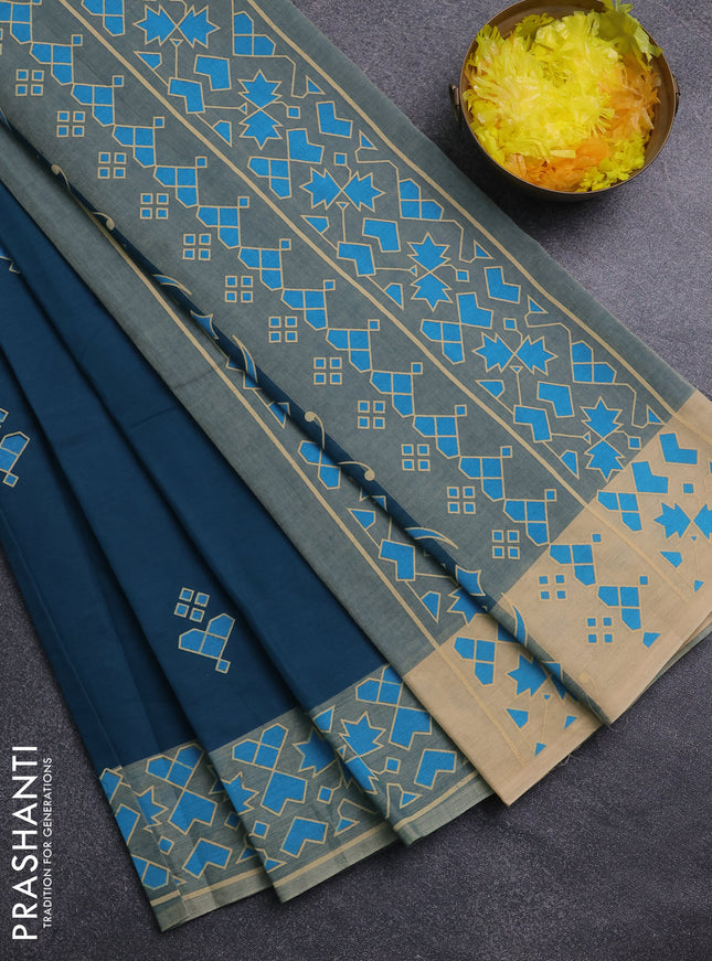 Chirala cotton saree peacock blue and sandal with geometric butta prints and printed border