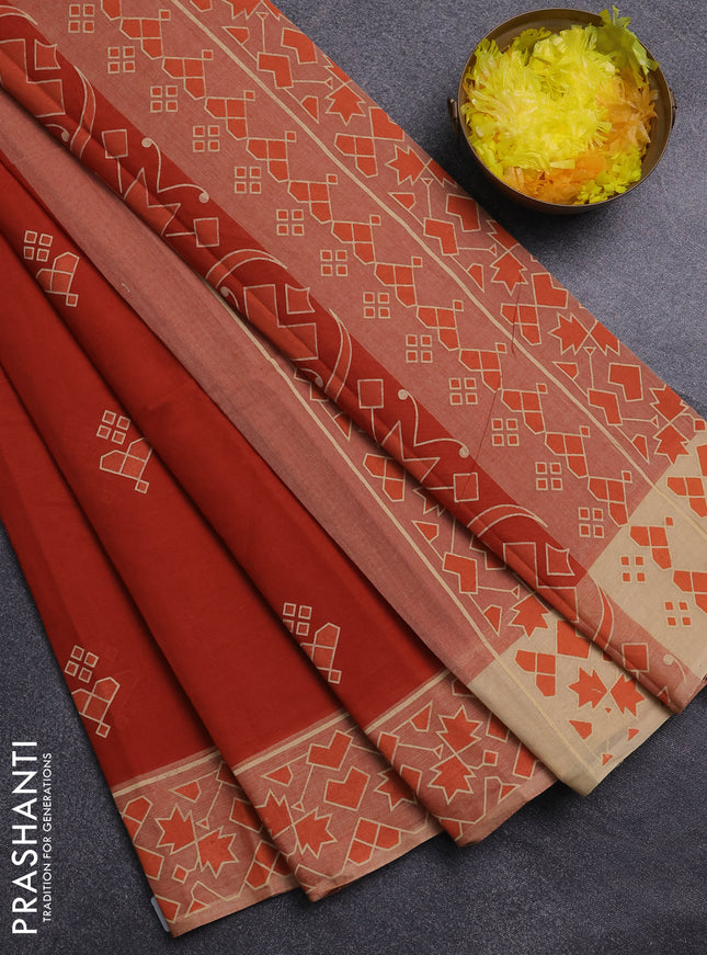 Chirala cotton saree rustic orange and sandal with geometric butta prints and printed border