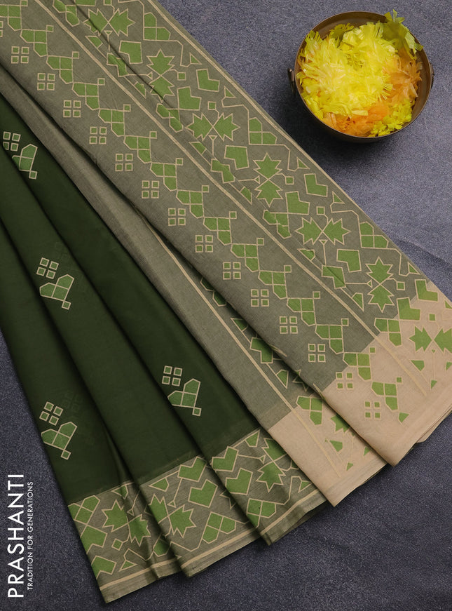 Chirala cotton saree mehendi green and sandal with geometric butta prints and printed border
