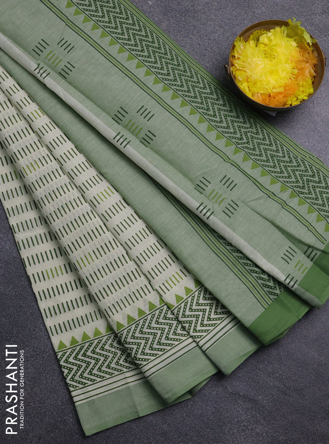 Chirala cotton saree cream and green with allover prints and printed border